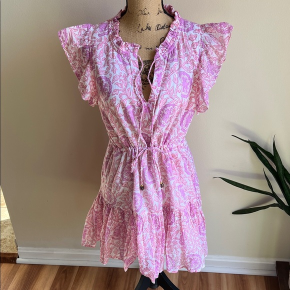 Oliphant Cinched Flirty Mini Dress in Malta Pink Cotton Tie Waist - Picture 5 of 14